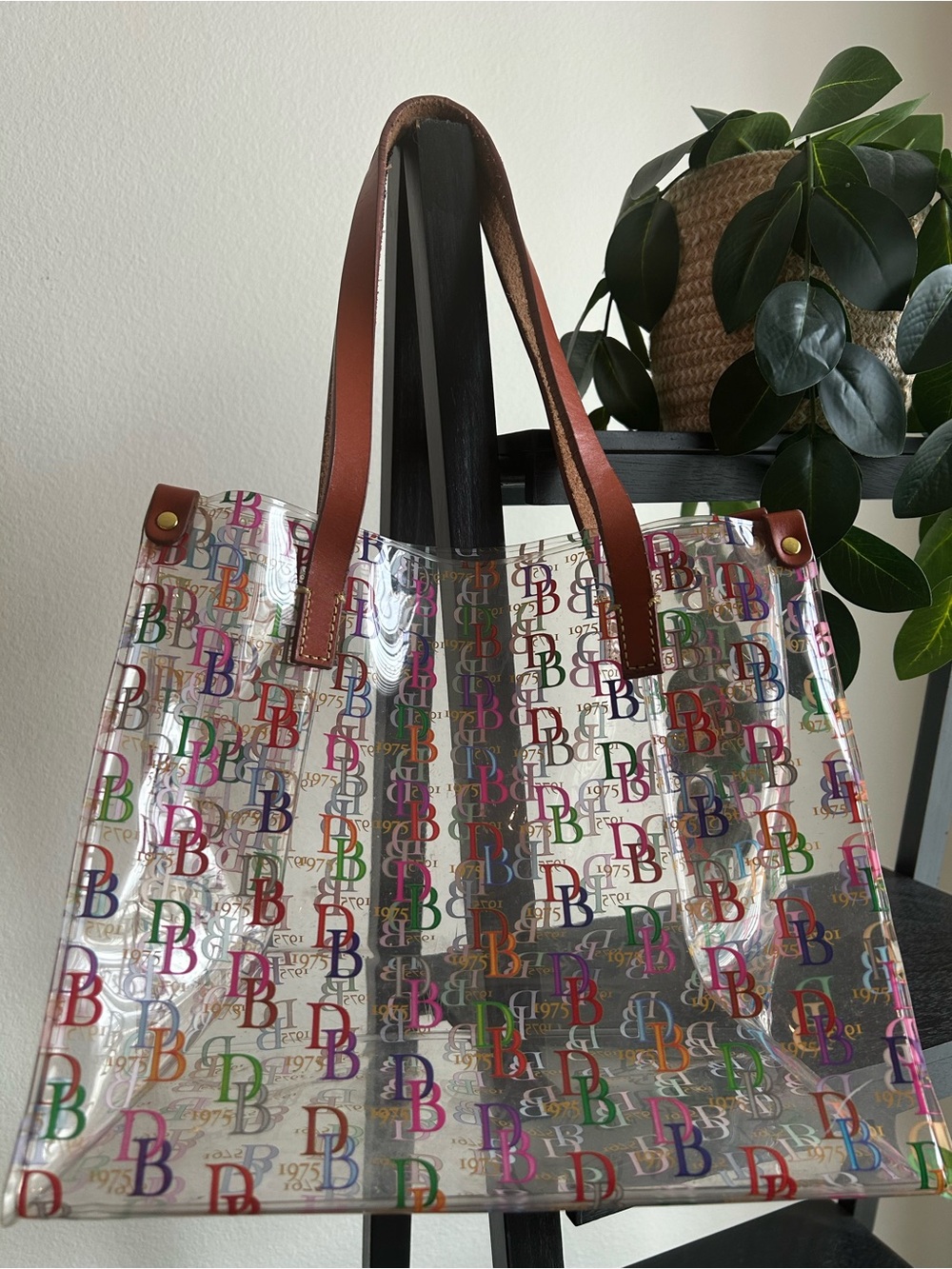 Dooney and Bourke Monogram Stadium Clear Tote Bag with Brown Handles - Picture 2 of 7